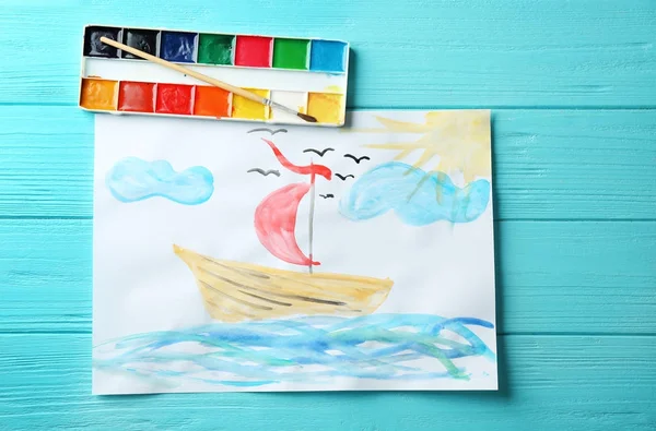 नीले पृष्ठभूमि पर जहाज की बच्चे की पेंटिंग — स्टॉक फ़ोटो, इमेज