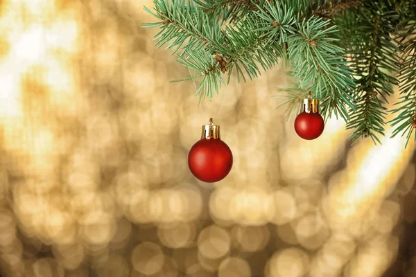 Brunch van Spar boom met kerstballen op onscherpe achtergrond — Stockfoto