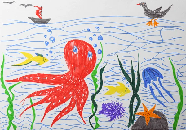 Child's drawing of underwater world — Stock Photo, Image