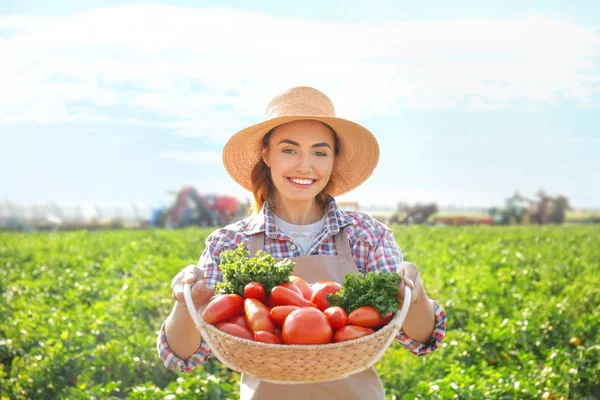 Młody rolnik kobieta trzyma wiklinowy koszyk z warzywami, w pole — Zdjęcie stockowe