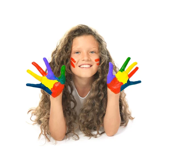 Niña linda mostrando las manos pintadas sobre fondo blanco —  Fotos de Stock