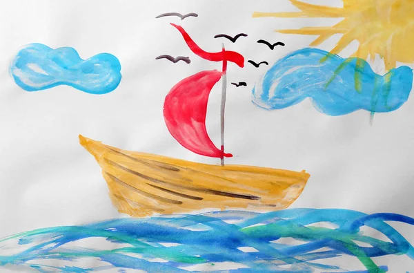 Child\'s painting of ship in sea