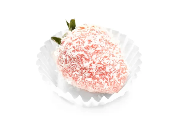 Tasty glazed strawberry covered with desiccated coconut, on white  background — Stock Photo, Image