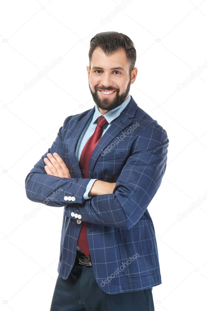 Handsome successful businessman on white background