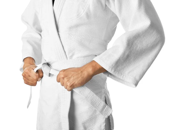 Ο άνθρωπος στο karategi σε λευκό — Φωτογραφία Αρχείου
