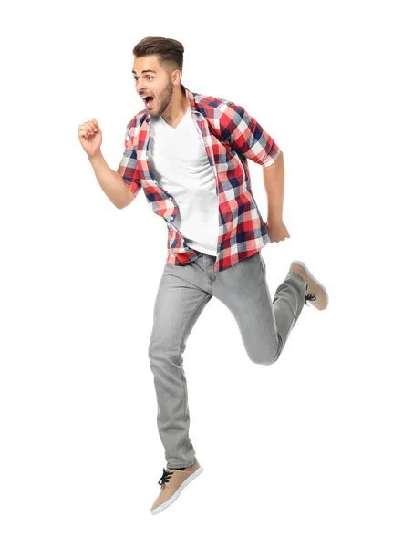 Jeune homme en vêtements décontractés courir — Photo