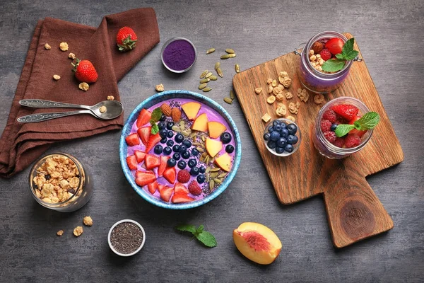 Breakfast with delicious acai smoothie — Stock Photo, Image