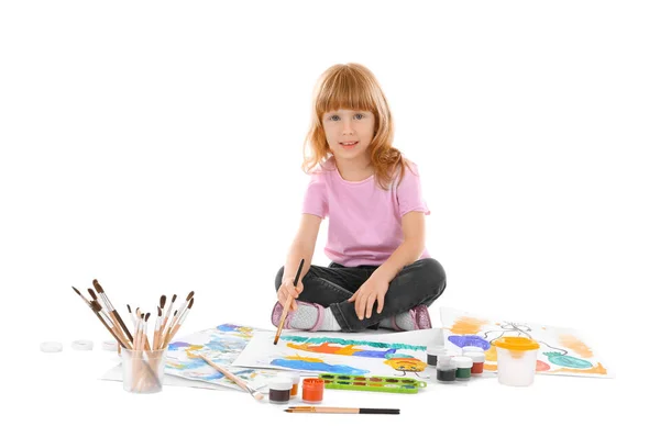 Talented girl painting against white background — Stock Photo, Image
