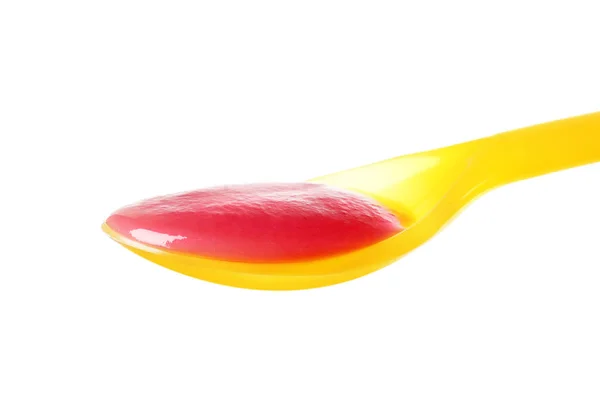 Spoon with tasty baby food, isolated on white — Stock Photo, Image