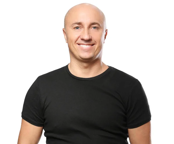 Bald man in black t-shirt on white background — Stock Photo, Image