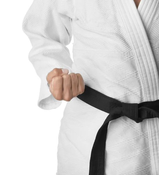 Pria karate instruktur pada latar belakang putih, closeup — Stok Foto