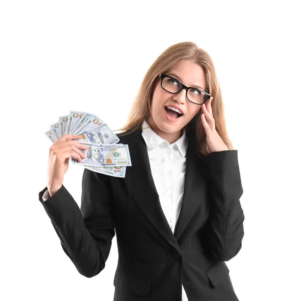 Mujer joven con billetes de dólar — Foto de Stock