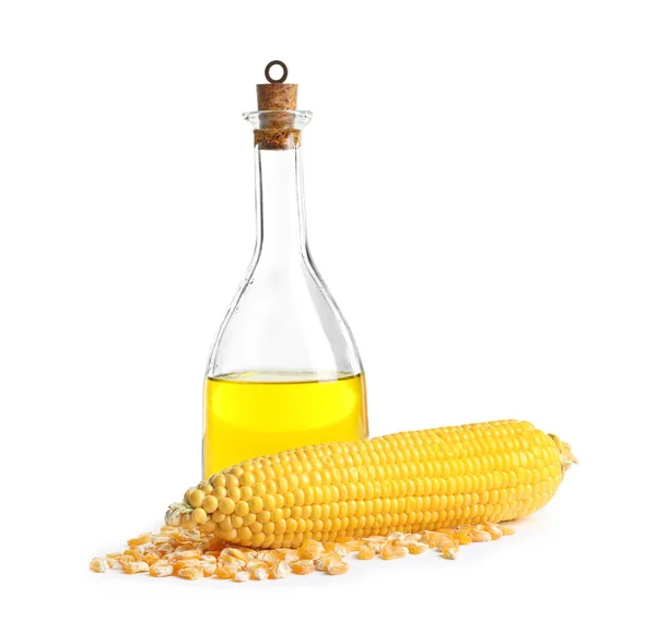 Glasflasche mit Maisöl und reifem Kolben — Stockfoto