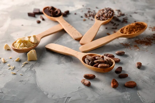 Löffel mit verschiedenen Kakaoprodukten — Stockfoto