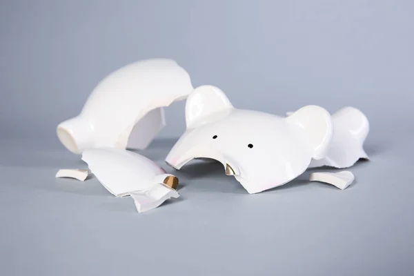 Banco piggy quebrado no fundo cinza — Fotografia de Stock