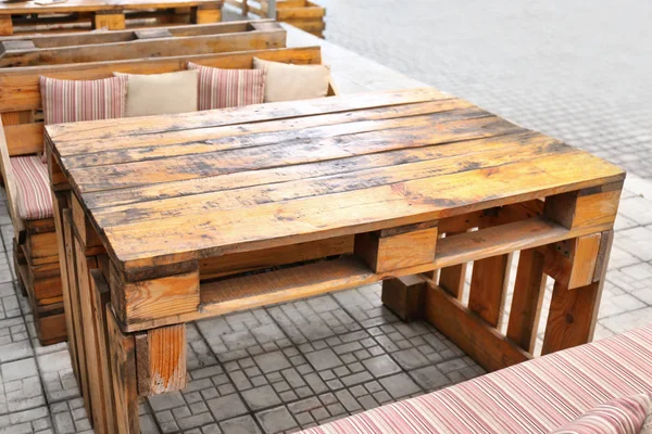 Outdoor cafe with furniture made of secondary raw materials — Stock Photo, Image