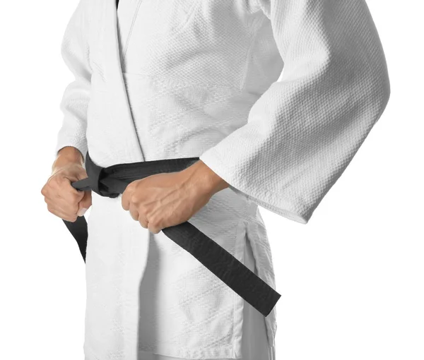 Manliga karate instruktör på vit bakgrund — Stockfoto