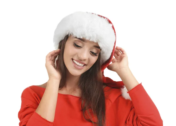 Bella giovane donna in cappello di Babbo Natale — Foto Stock