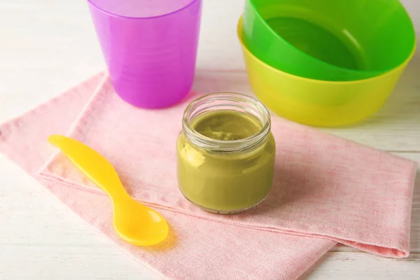 Jar of tasty baby food — Stock Photo, Image