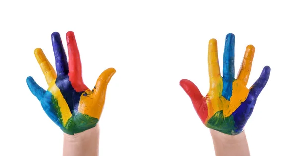 Hands of child in paint against white background — Stock Photo, Image