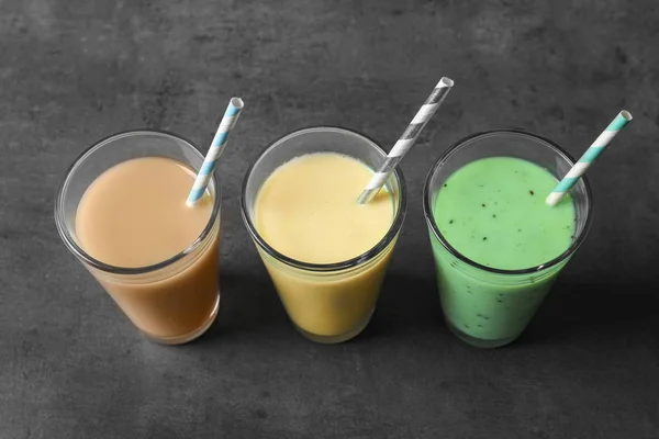 Glasses with different protein shakes — Stock Photo, Image