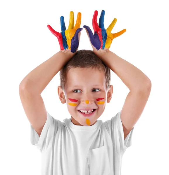 Cute boy with paint on face and hands against white background — Stock Photo, Image