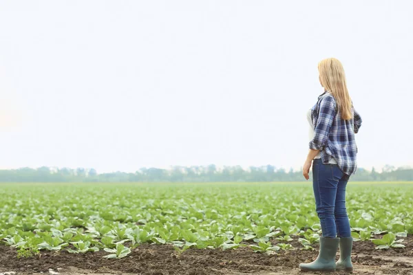 Agricultora em pé no campo — Fotografia de Stock