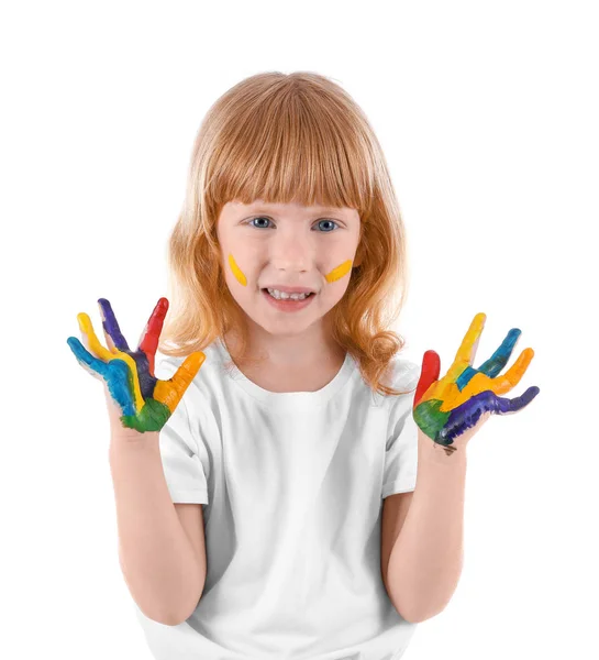 Menina bonito com tinta no rosto e mãos contra fundo branco — Fotografia de Stock