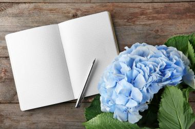 Kompozisyon güzel mavi çiçekli defter 