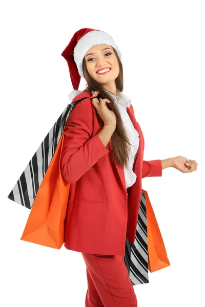 Femme dans santa claus chapeau — Photo