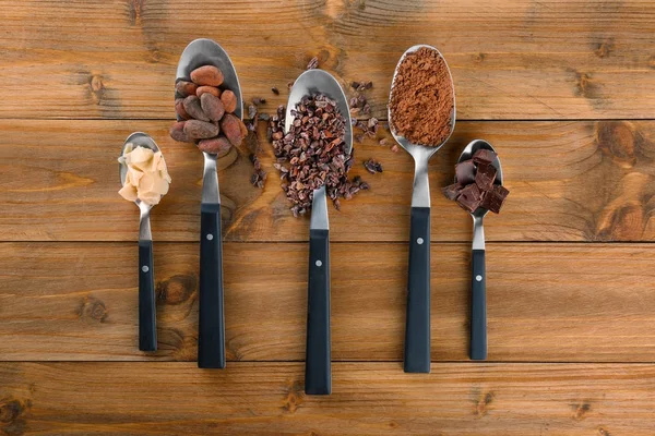 Ложки з різними какао-продуктами — стокове фото
