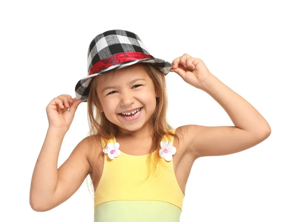 Adorável menina em chapéu xadrez no fundo branco — Fotografia de Stock