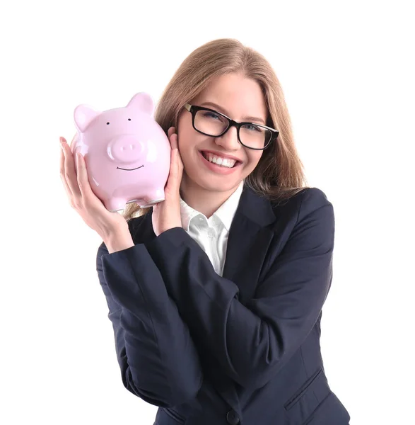 Jovem mulher com porquinho banco — Fotografia de Stock