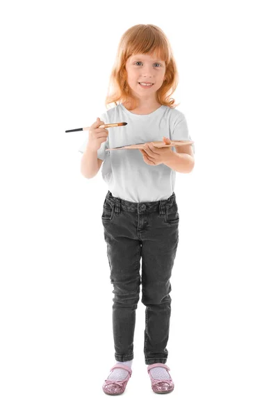 Cute girl with brush and palette against white background — Stock Photo, Image