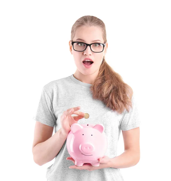 Young woman with piggy bank — Stock Photo, Image