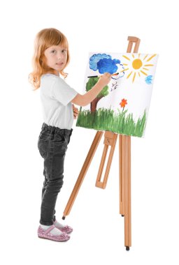 Yetenekli kız beyaz arka plan karşı tuval üzerine resim