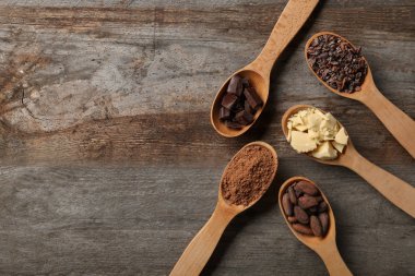 Kaşık farklı kakao ürünleri ile 