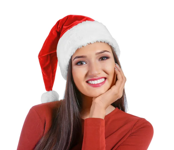 Mulher em santa claus chapéu — Fotografia de Stock