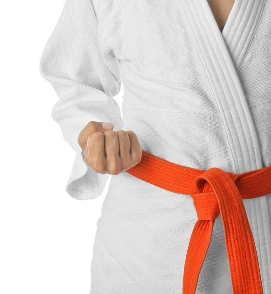 Uomo in karategi su bianco — Foto Stock