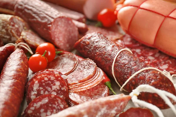 Assortment of delicious sausages, close up — Stock Photo, Image