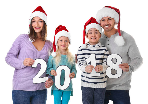 Happy family with paper figures 2018 on white background. Christmas celebration concept