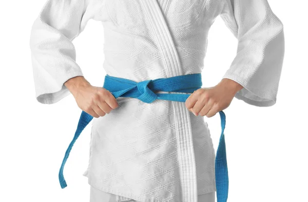 Człowiek w karategi na białym — Zdjęcie stockowe