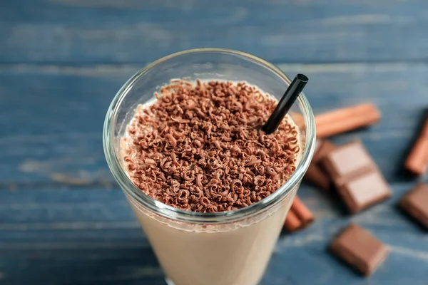 Glass with chocolate protein shake — Stock Photo, Image