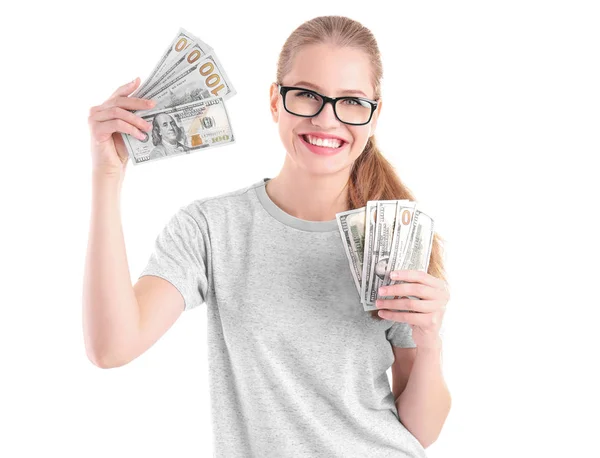 Mujer joven con billetes de dólar — Foto de Stock