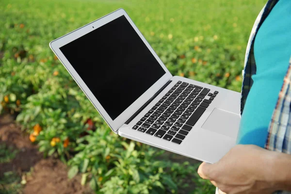 Mężczyzna rolnik z laptopa w pole, zbliżenie — Zdjęcie stockowe
