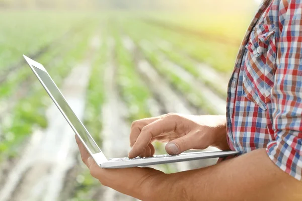 Мужчина фермер с ноутбуком в поле, крупный план — стоковое фото