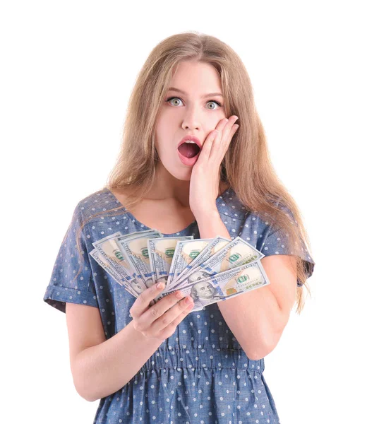 Giovane donna con banconote in dollari — Foto Stock