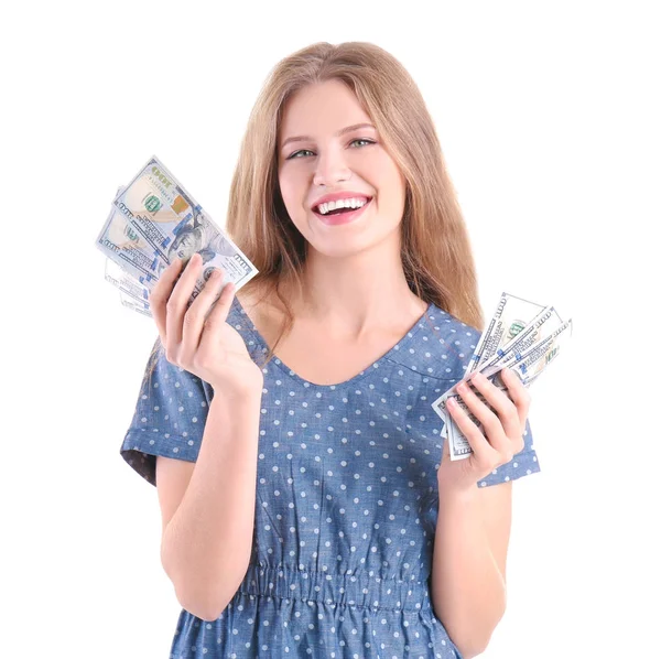 Mujer joven con billetes de dólar — Foto de Stock