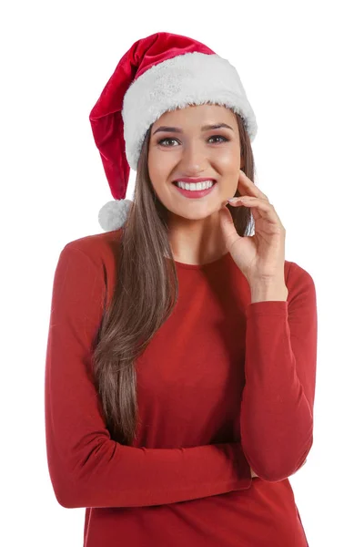 Frau mit Weihnachtsmann-Hut — Stockfoto