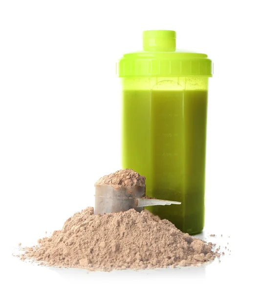 Bottle with protein shake and powder on white background — Stock Photo, Image